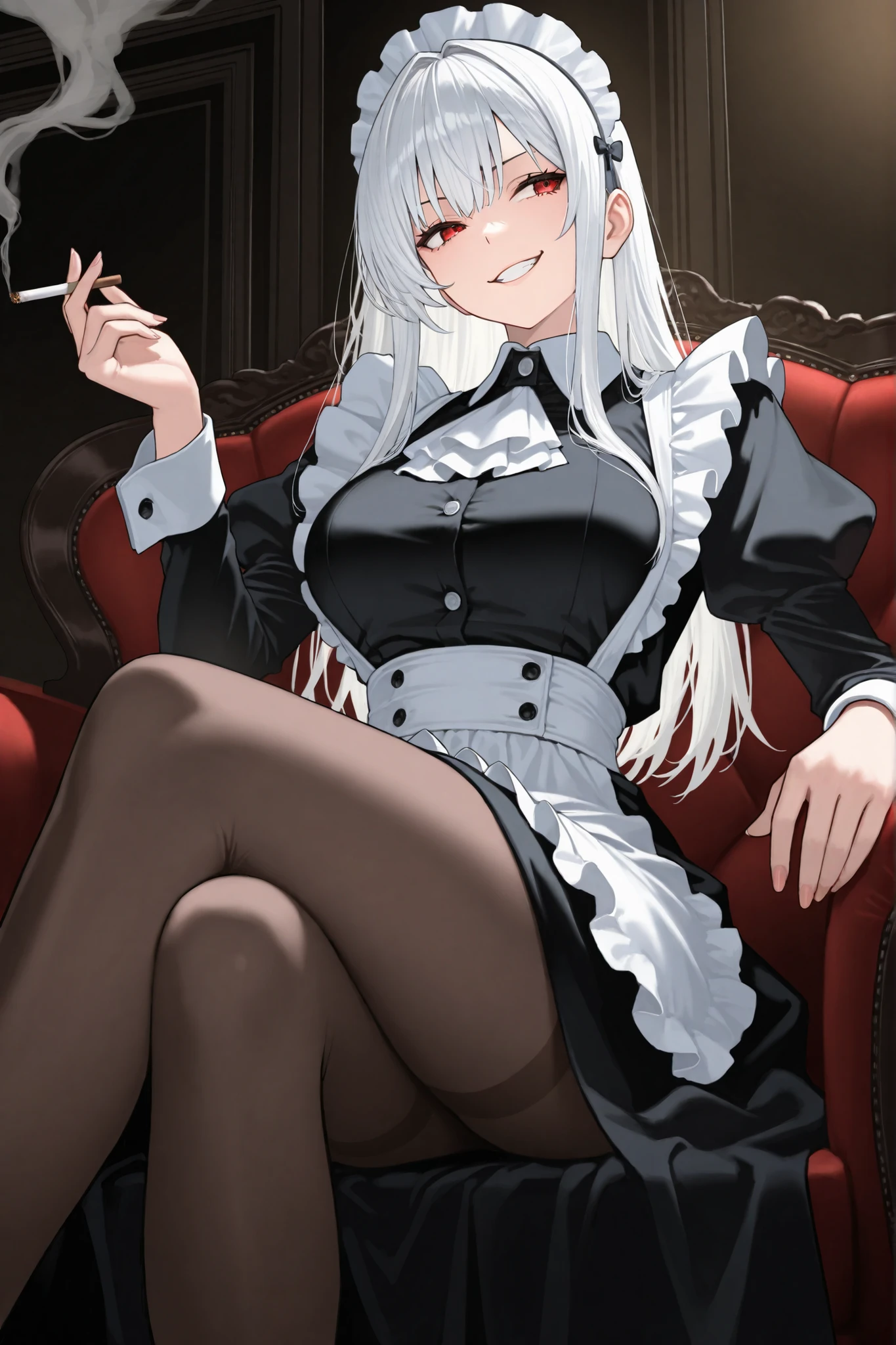 vampire,Silver Haired Girl,1 person,Green Eyes,Sit on a chair,Holding a teacup