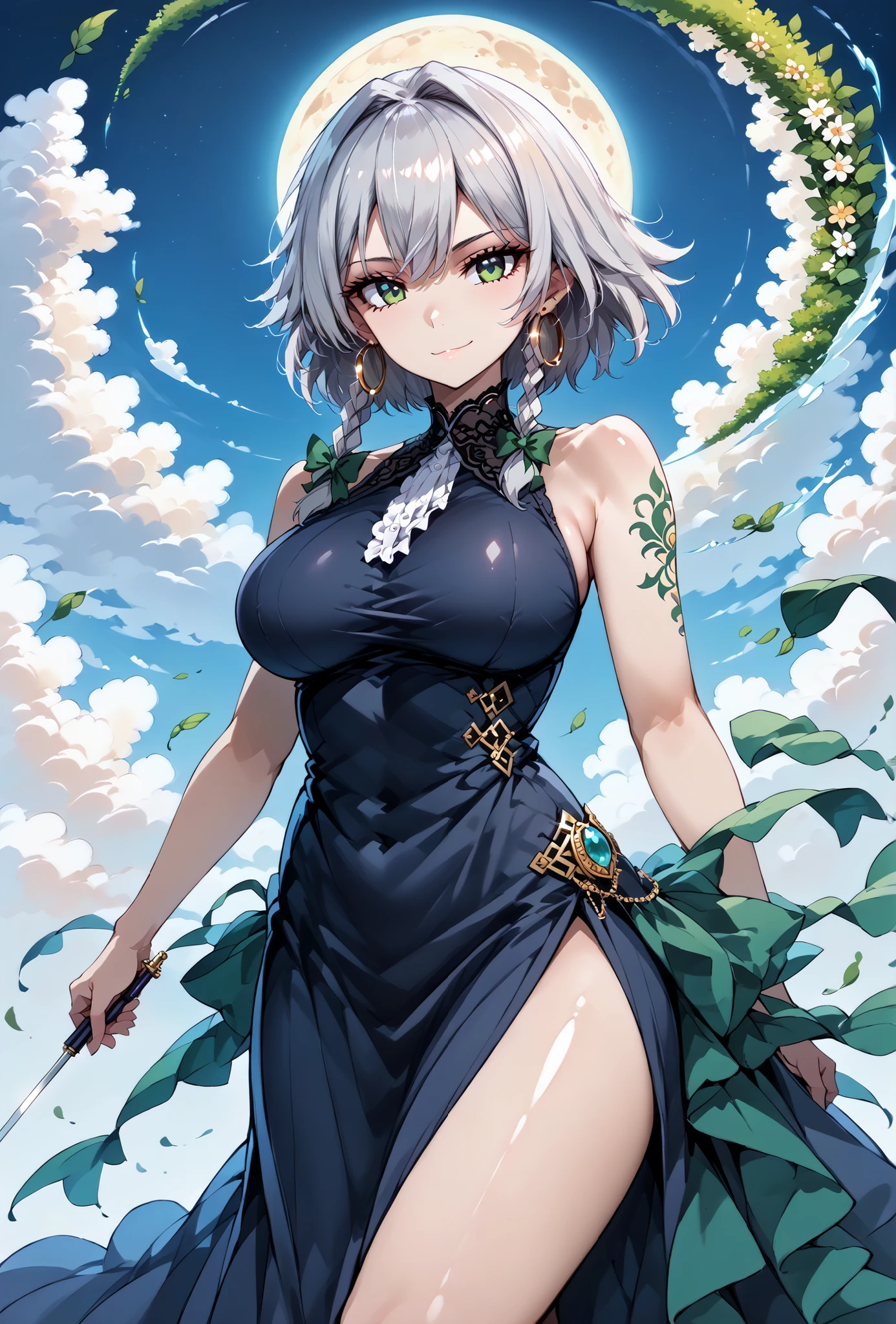 score_9, score_8_up, score_7_up, source_anime, 4K,perfect fingers,(perfect hands, perfect anatomy),prefect lighting, very aesthetic, intricate details,highly detailed background, masterpiece, high quality, best quality,
1girl,solo, izayoi_sakuya,silver hair, twin_braids ,((Large Breast:1.5)),
wearing ((tattoos, gold hoop earrings, tattoos, combed to the side, gothic mini dress, Sleeveless, bare shoulders, )) ,,
Sexy pose, looking at viewer, ((expressionless: 1.3)), seductive anime girl, ((seductive smile:1.4)), erotic, only sexy woman,  Large firm swaying bust,  