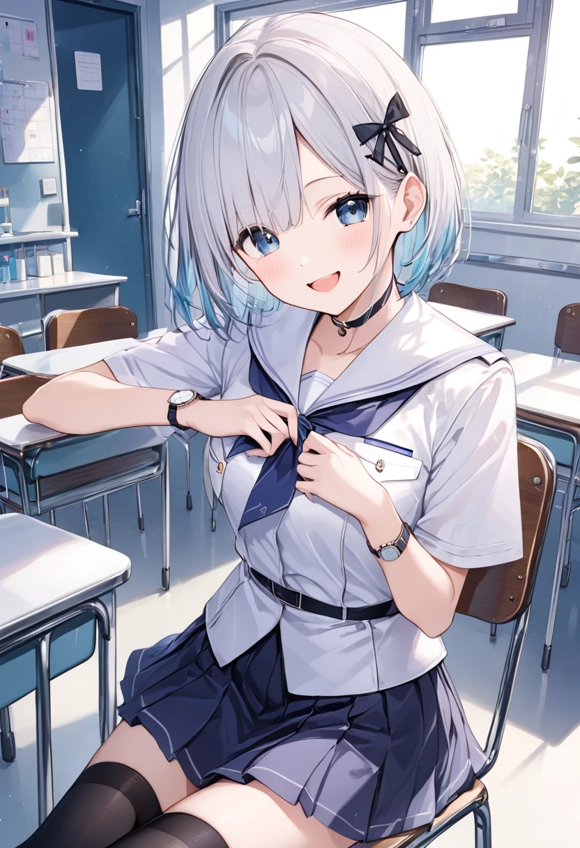 1 girl, kanon kanase, , blush, medium breasts, sleeveless,(((school uniform))), sitting indoors, 20-year-old, healthy skin.