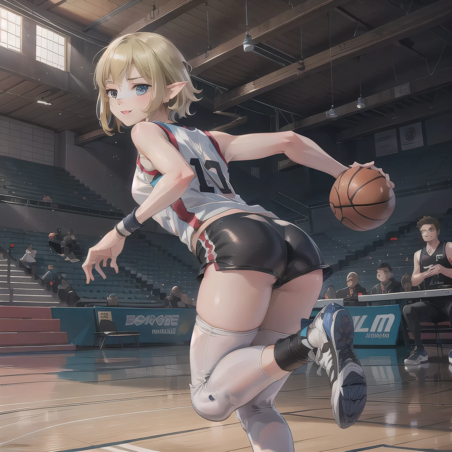 A young female basketball player executes a dynamic jump shot with precision and grace. She holds the basketball firmly in both hands, her form exuding confidence and skill. Her slim-fit uniform highlights her athletic build, while black high socks and matching sneakers create a sleek, modern look. Her neatly braided black hair arcs through the air as she leaps, her intense black eyes fixed on the goal. The polished wooden floor of the brightly lit gymnasium reflects the action, emphasizing the energy and competitive spirit of the moment.A 20-year-old woman smiles gently, friendly. (RAW photos, top quality), (realistic, photo-realistic:1.4), masterpiece, extremely delicate and beautiful, highly detailed, 2k wallpaper, ultra-detailed CG unity 8k wallpaper, ultra detail, high res, soft light, beautifully detailed girl looking back, extremely detailed eyes and face, beautifully detailed nose, cinematic lighting, perfect anatomy, slender body. Short, green hair, pointy ears, blue eyes.