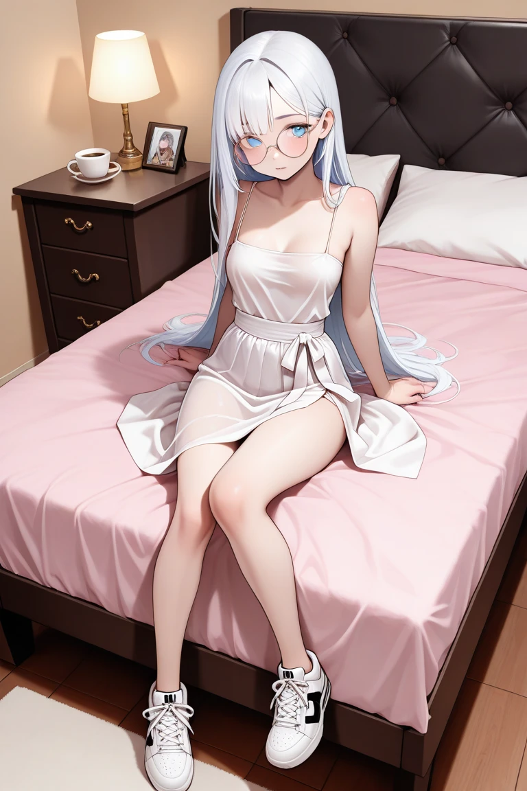 Cabello largo plateado, ojos verdes, kigurumi, bra, flat breast, necklace, sonrisa, happy, muslos hermosos, inside house