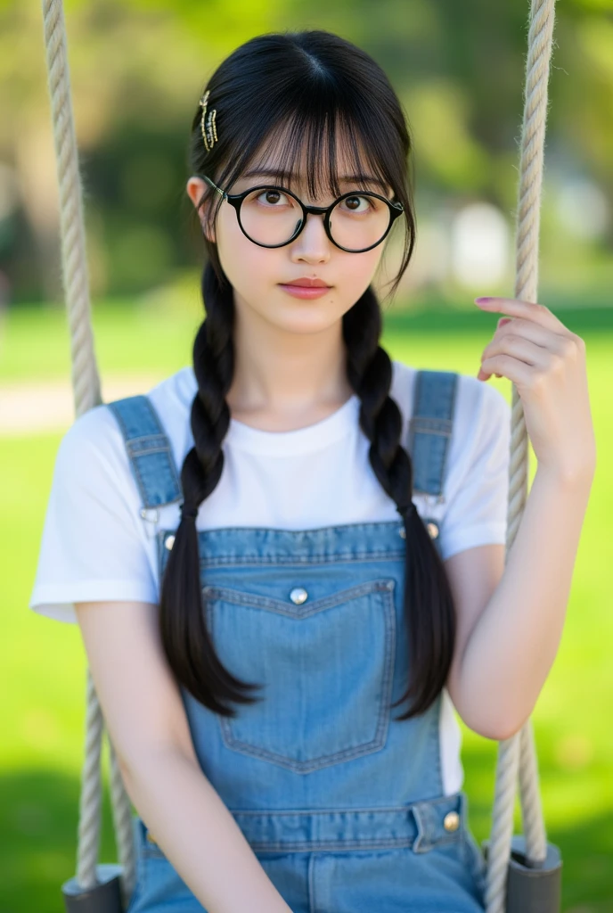 Slim and sharp facial contours、One Girl、（beautiful girl、Delicate girl：1.3）、（22 years old：1.3）、break、（Naked and in overalls：1.3）、break、Very beautiful eyes、（Symmetrical eyes：1.3）、break、（Cherry tree in full bloom:1.3)、Perfectly shaped and anthropomorphic fingers、break、Small breasts、Brown eyes、Parted bangs、Brown Hair、break、(Eye and facial details:1.0)、break、(masterpiece、highest quality、Very detailed) 、Detailed face、8k）、Full body view from the knee up、(blush、embarrassed 、low twintails、cleavage 、fingersmile)、Round Glasses、Sitting on the grass、Low - Angle