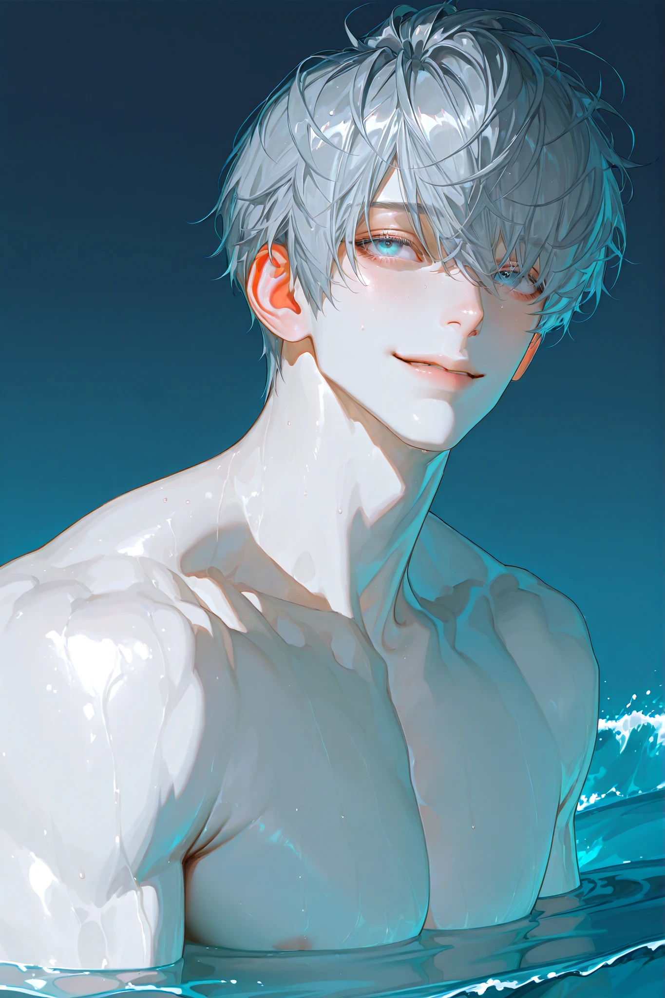 8k, beautiful masterpiece, 1 man, 23 year old male, handsome, refreshing, mature, straight hair, messy hair, short hair, gray hair, one person, male centered, handsome man, smiling, thick paint, aquamarine eyes, perfect eyes, semi-realistic art, semi-realistic art style, looking straight ahead, top quality, amazing quality, exquisite details, highly detailed, mature, alone, white skin, perfect eye shape, looking straight ahead, bulging eyes, pectoral muscles, muscular, tall, In the sea, shirtless, swimming in the sea, looking straight ahead