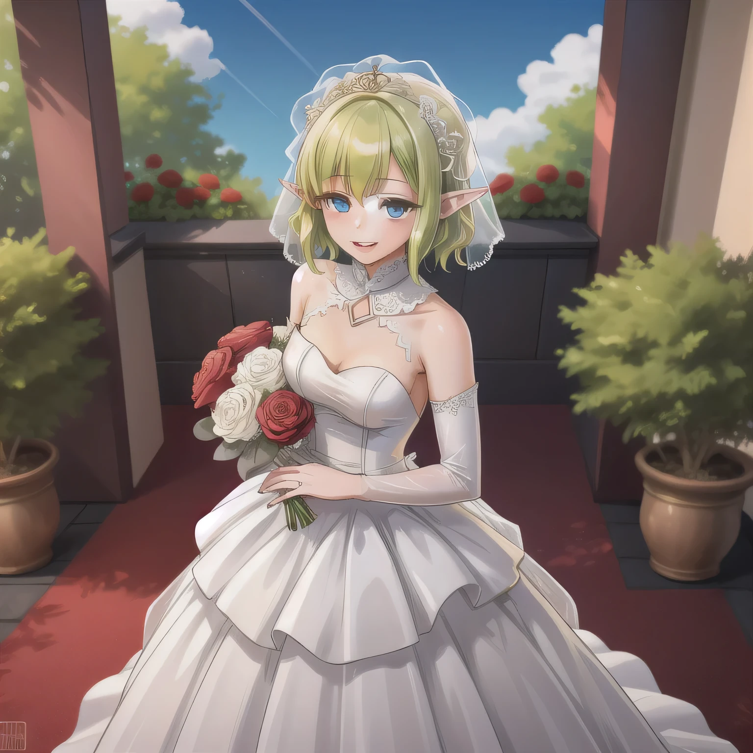 A breathtakingly beautiful 20-year-old woman stands in the courtyard of a luxurious mansion beneath a clear blue sky. She wears a white and blue wedding dress, holding a red bouquet gracefully in front of her chest. Her radiant smile and joyful expression exude pure happiness. Short, green hair, pointy ears, blue eyes.