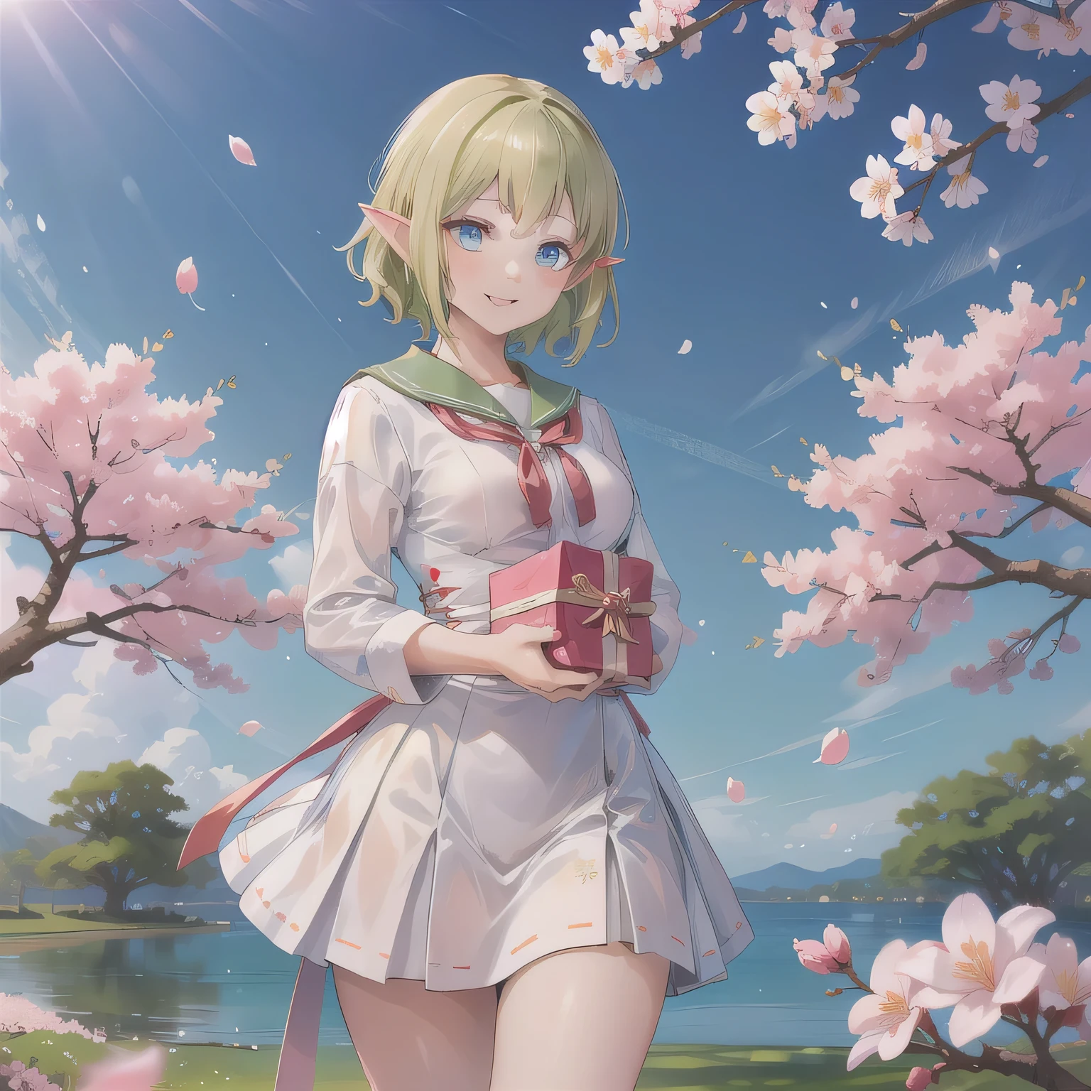 A breathtakingly beautiful 20-year-old woman stands in a lush park filled with cherry blossoms in full bloom beneath a clear blue sky. She wears a classic sailor uniform and gently holds a small, neatly wrapped gift box adorned with a red ribbon. Her radiant smile and joyful expression convey heartfelt happiness. Short, green hair, pointy ears, blue eyes.