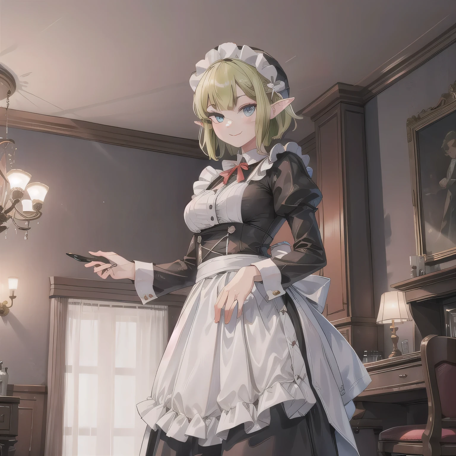 A breathtakingly beautiful 20-year-old woman stands in an opulent mansion room, dressed in a classic black-and-white maid outfit with a short hem and a white brim cap. Her confident smile radiates warmth. The room features elegant furnishings and decor befitting a grand estate, bathed in soft, natural lighting that enhances the sophisticated ambiance. Short, green hair, pointy ears, blue eyes.