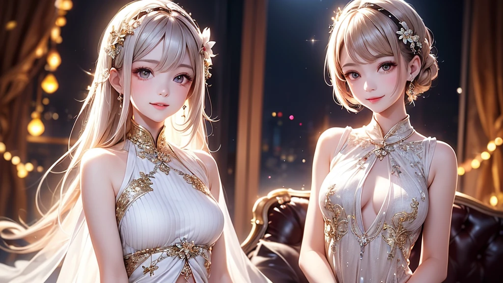 Silver hair, double bun, upper body, standing in water, parted bangs, modern, surreal, film lighting, chiaroscuro, masterpiece, textured skin, high resolution, high quality, high detail, beautiful face, big breasts, obvious cleavage, translucent clothes, falling petals