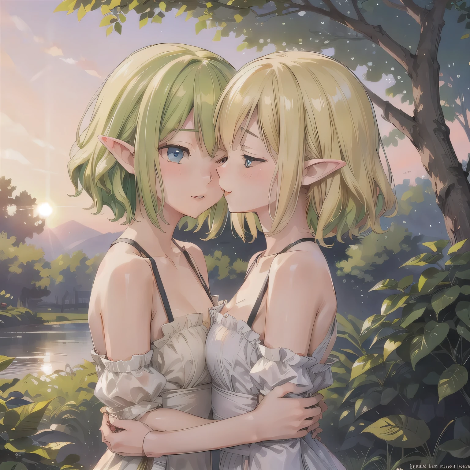 A breathtakingly beautiful 20-year-old woman stands in a lush green park at sunset, bathed in the warm golden light of the evening sun. Facing forward, her eyes gently closed, cheeks slightly flushed, and her face tilted upward as if anticipating a kiss, she embodies serenity and romance. The soft hues of the sunset complement the tranquil surroundings, enriching the dreamy atmosphere. Short, green hair, pointy ears, blue eyes.
