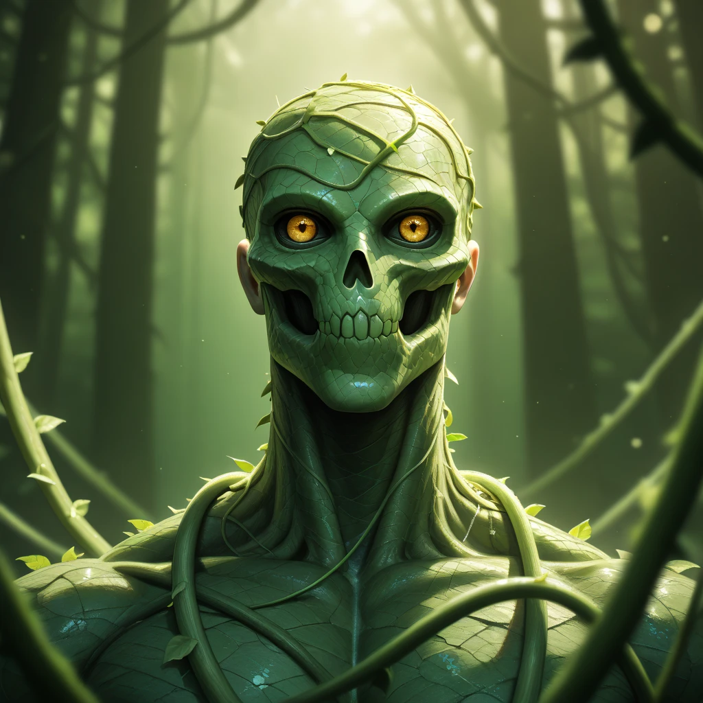 A super high-resolution 3D image of a man with an extremely horrified expression as the seaweed appears to grow inside him, wrapping around his veins and taking control of his body. His face shows clear signs of fear and despair.in the forest,darck,Green light