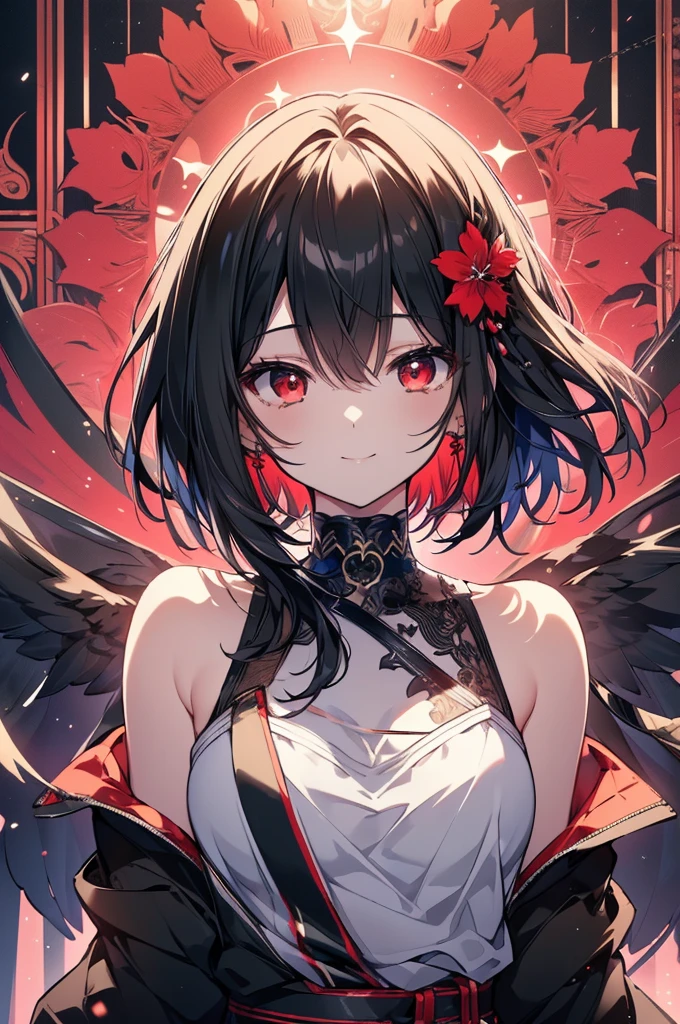 beautiful anime girl with black hair, flower spirit, wings