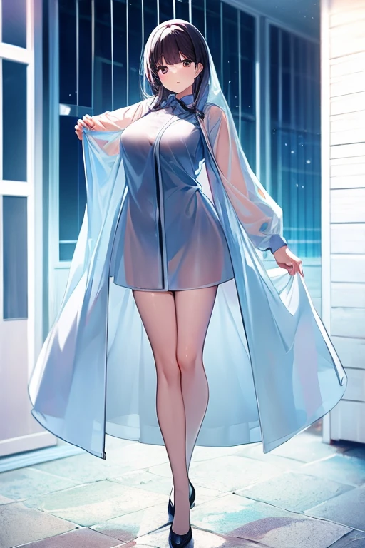 sunset, (looking at viewer:1.8), (young girl, 12yo:1.5), (breasts:1).high resolution, extremely detailed CG, unity 8k wallpaper, super detailed skin, perfect anatomy, detailed, cinematic lighting, dynamic lighting, beautiful detailed eyes. (walk:1.5), (rained, cityscape), gigantic breasts.
(raincoat, rain boots:1.5),  her hair is short and black、Your smile is wonderful and open mouth. The skin is radiant. 