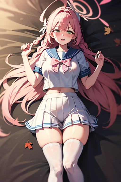 Beautiful illustration、top-quality、Cute little girl s、Bedroom、A pink-haired、length hair、(((Pink pleated skirt)))、(((pink sailor suit)))、shortsleeves、Colossal tits、a navel、Flipping up the skirt with your hands、Show white panties、Pull up your skirt and show your panties、bare-legged、blue eyess、on the beds、lovely thighs、glowing thigh、Floating hair, Wind,
