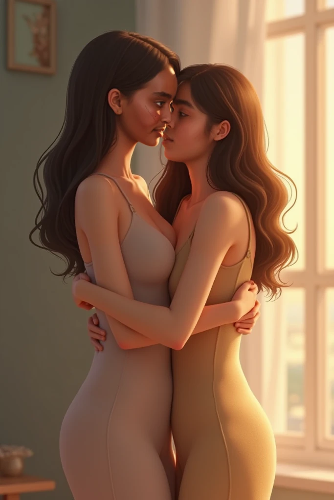 masterpiece, best quality, ((2women:1.3)), (closeup), 22yo, slim, small breast, naked breast, nipple, open sailor suit, Inside the room, hugging, lode, smile, grey, desolate, dark, watercolor,