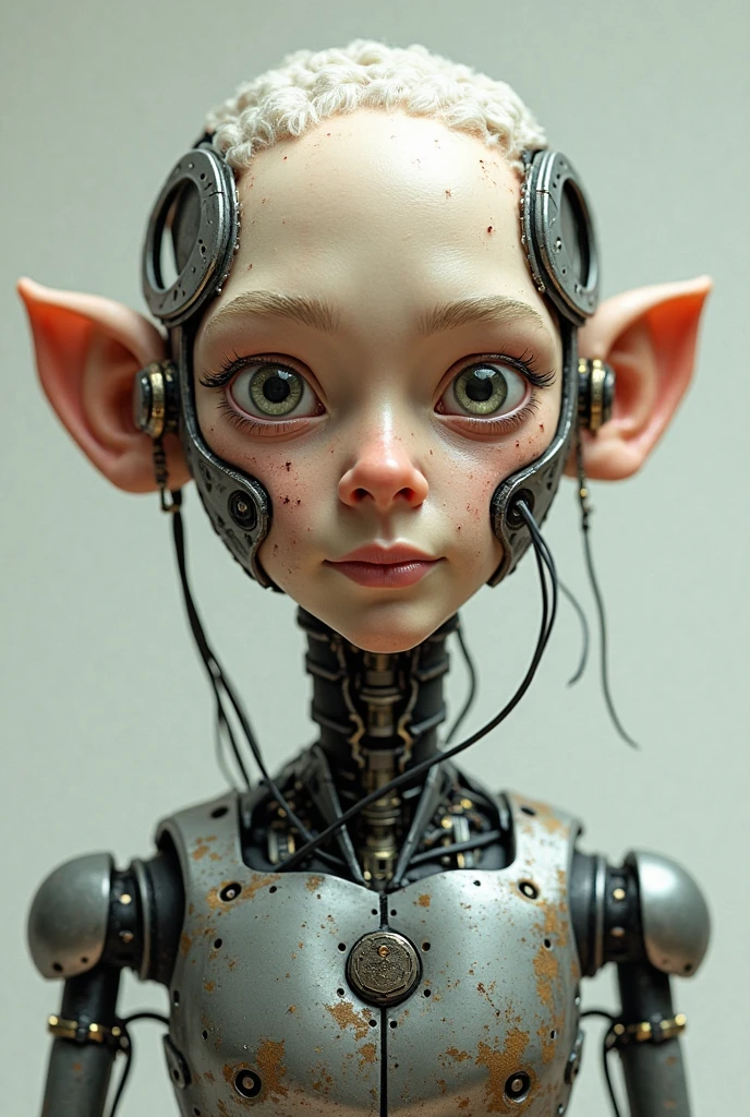 Create an AI character with aged features and shriveled skin, blending human-like and robotic elements. The character should have wrinkles and age spots, but include subtle hints of artificiality, such as glowing circuit patterns beneath the skin or metallic components visible at the edges. The background should be neutral to emphasize the character's unique hybrid appearance