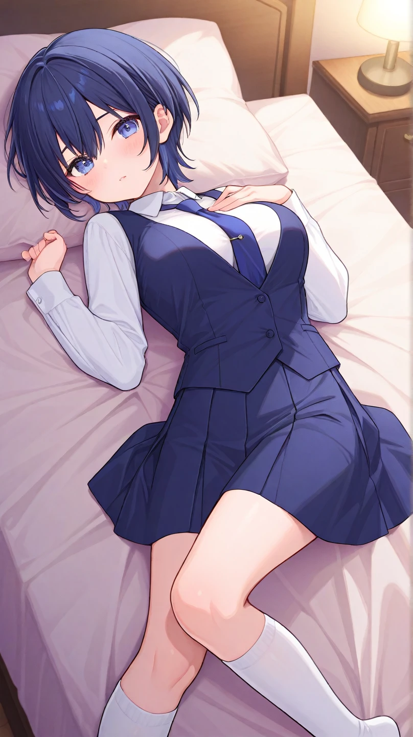 Young girl with blue hair,short straight hair and short bangs (purple eyes),, ((small bushy eyebrows)), wearing gothic lolita clothing, lolicon , medium large breast, breasts out of blouse, walking to school, bored look, bored face, , lifting her skirt to show her vagina wet with semen, having sex