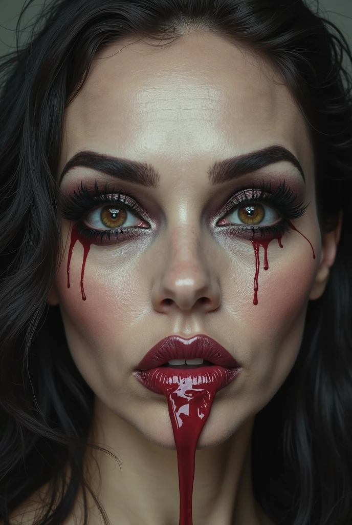 Woman, extremely large mouth:1.5, extremely wide mouth:1.5, full lips, huge lips:1.5, black lipstick