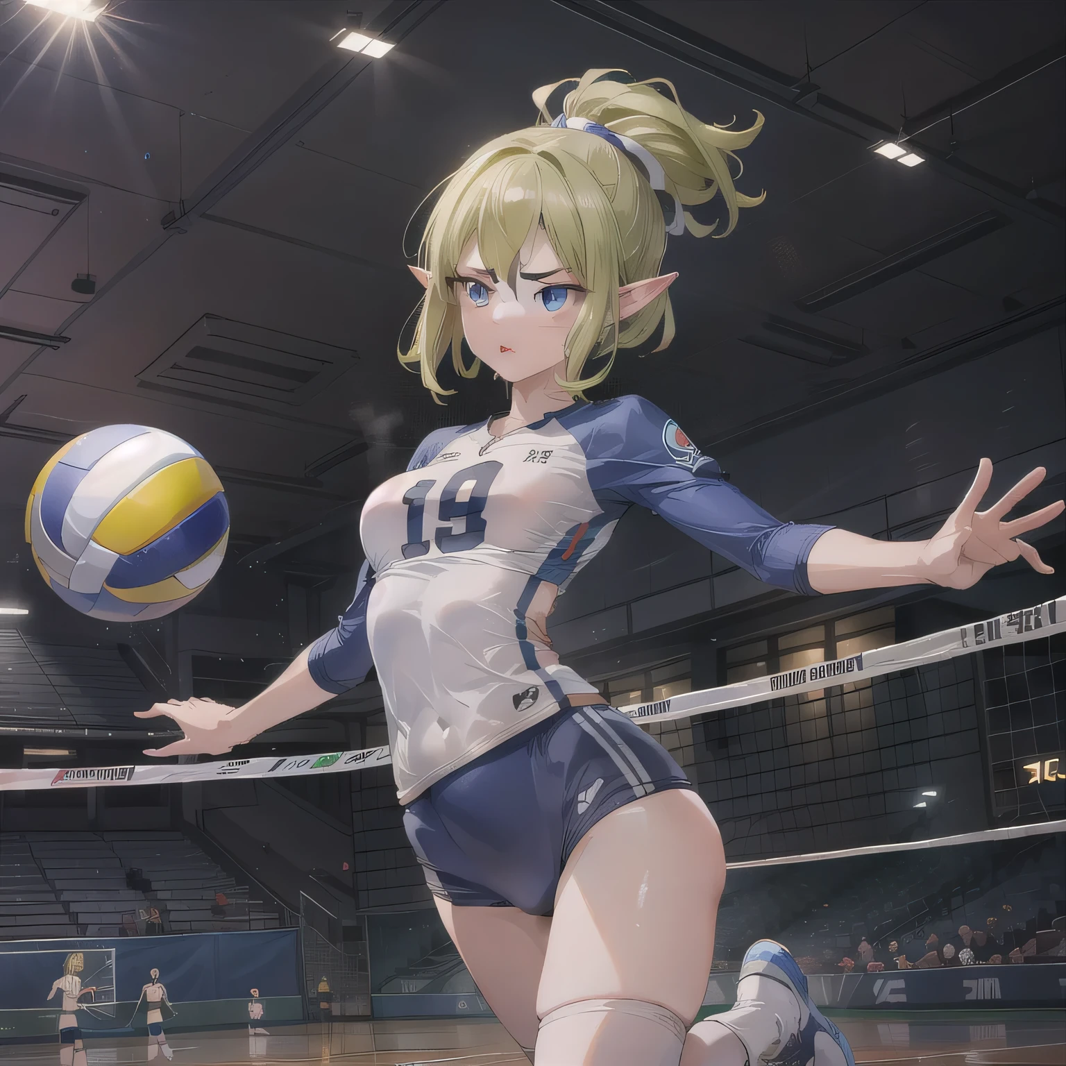 A breathtakingly beautiful 20-year-old woman soars into the air on a volleyball court inside a brightly lit gymnasium, preparing to spike the ball with precision and power. Her athletic form is accentuated by a sleek, form-fitting uniform, and her intense gaze remains locked onto the target. The polished wooden floor reflects the motion, enhancing the dynamic energy of the moment as she displays her skill and determination. Short, green hair, pointy ears, blue eyes.