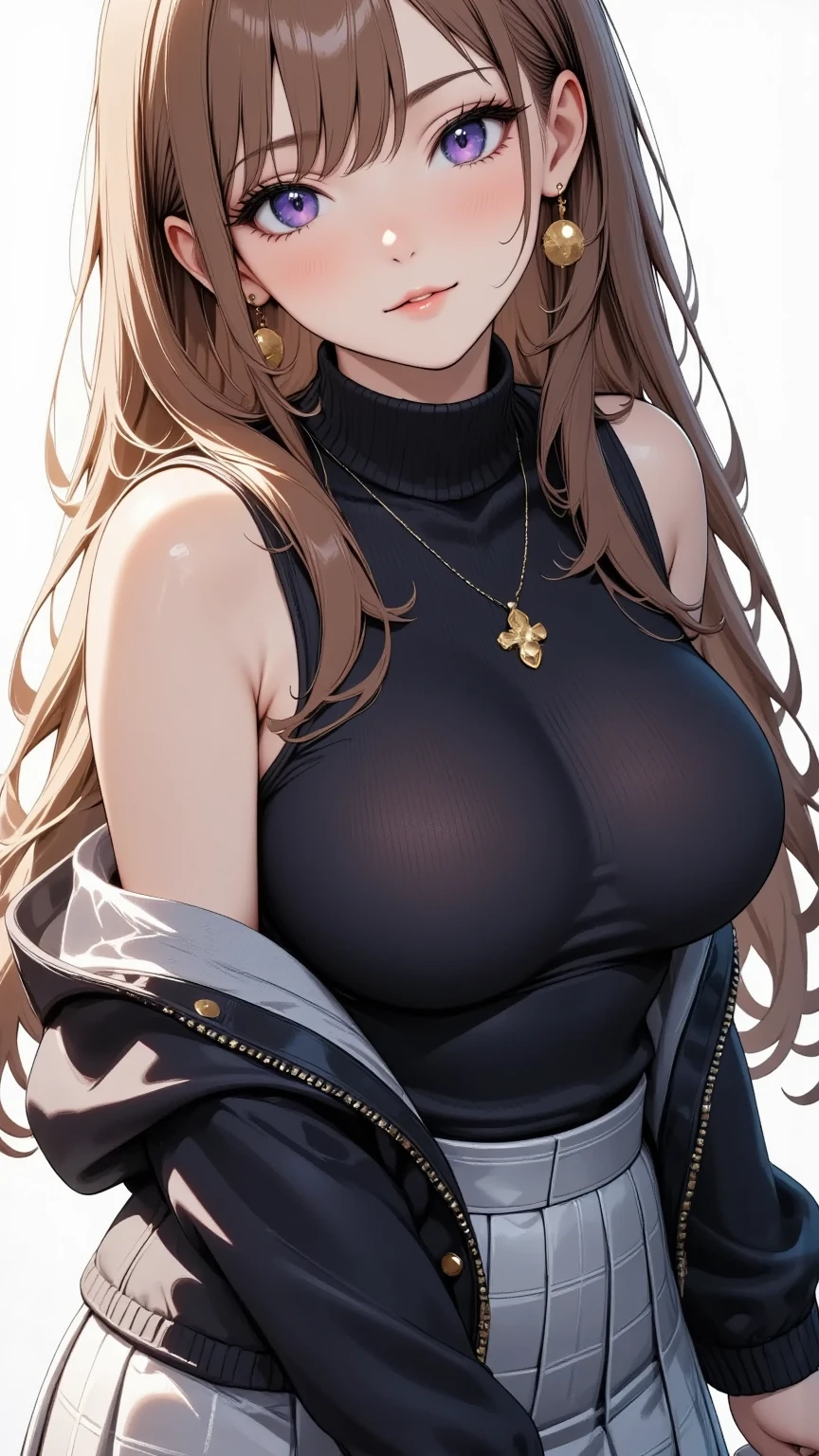 1girl in, age19, Solo, Long hair, Colossal , Looking at Viewer, blondehair, Bare shoulders, Brown eyes, jewely, Full body, a necklace, off shoulders, Sweaters, Realistic, A sexy, (Close Up on upper body), 