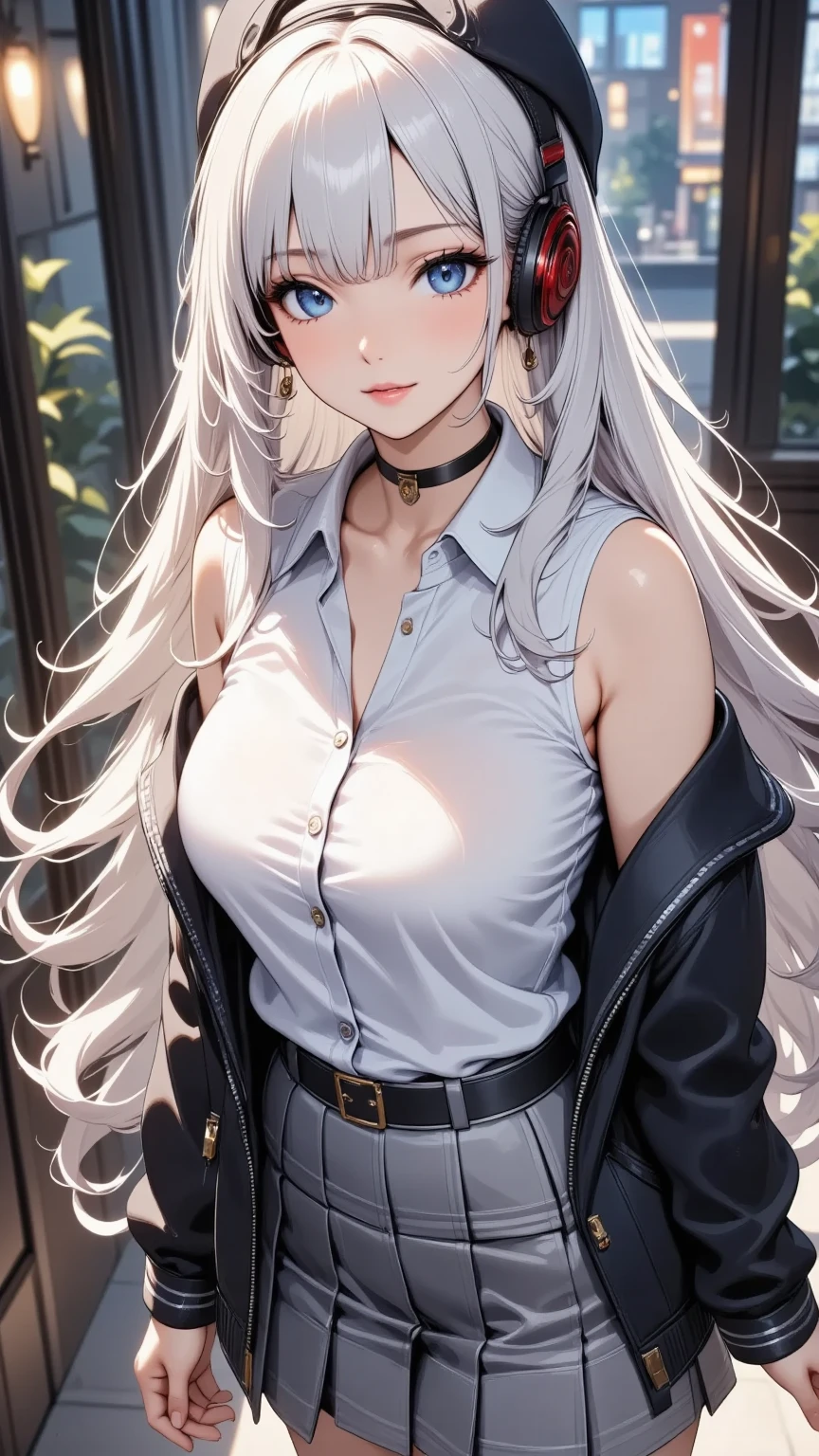 (masterpiece:1.2, best quality), (real picture, intricate details), 1lady, solo, upper body, casual, long hair, minimal makeup, natural fabrics, close-up face, smile, home, long light platinum blonde hair, bangs, wavy hair, long wavy hair, really long wavy hair, wavy platinum hair, slightly wavy hair, cute long hair, green eyes, big breasts.