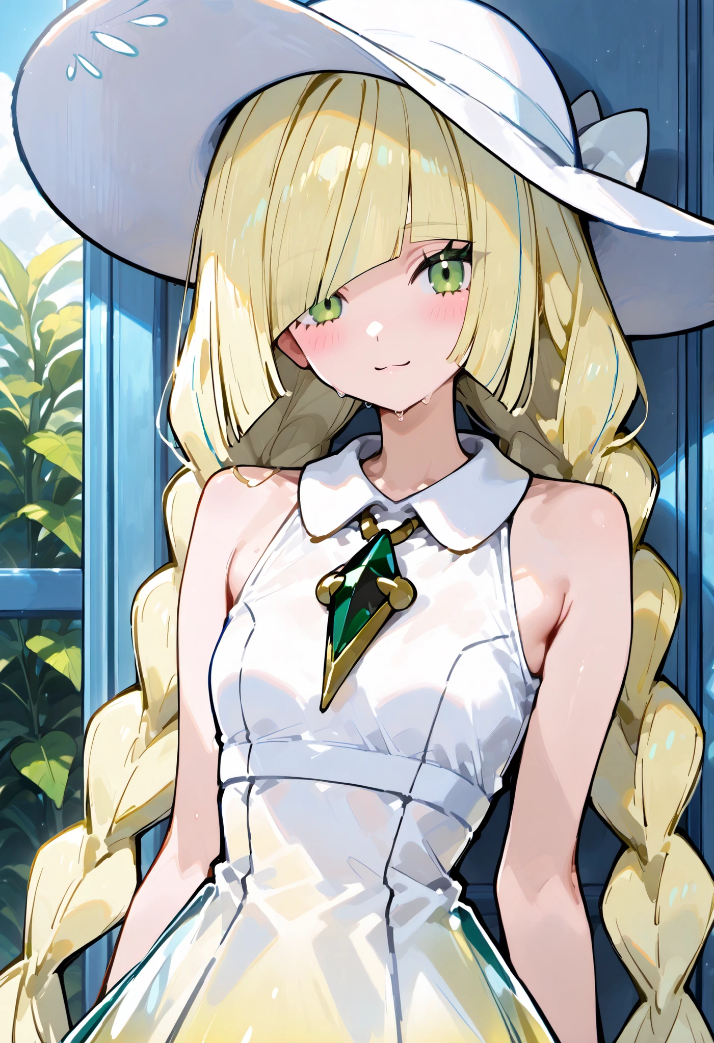 Lusamine 。Pokemon, green eyes, blonde hair, very long hair, bangs, hair over one eye。超貧乳。twin braids, sun hat, white headwear, collared dress, white 制服, sleeveless。成熟した女性。娘の服を着る。748cmstyle