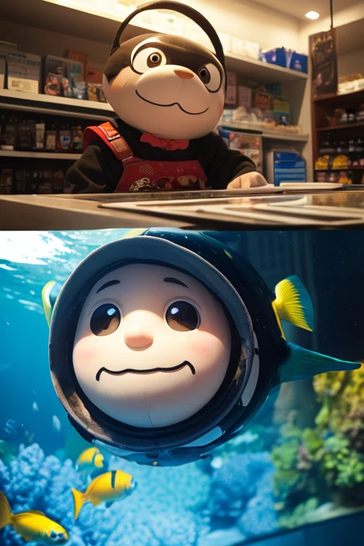 Real life adaption of this character , The handsome face of a little boy,Evil laughing expression,realistic same blue hair , (realistic same outfit),pose holding a drill,realistic background , realistic light, realistic shadow, realism, hyper realistic,(photorealistic:1.2), normal small eyes,