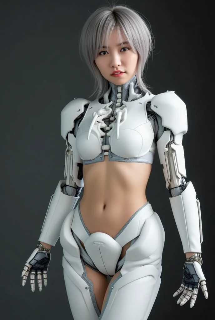 Beautiful Face,Face is Japanese,((1 female)), big, Curvaceous, (16k, RAW Photos, highest quality, masterpiece: 1.2), (HDR, Realistic, Realistic: 1.37),((((Leather Bikini Cyborg Robot Parts)))), (Light grey hair), Long Hair, Wavy Hair, Twin tails, Medium Shot, (Captivating smile)), (Iris), double eyelid, In the lab,((Mechanical vertebrae attached to the back)),((Mechanical neck attached to the neck)),(Wires and cables attached to the head and body),(Character Focus),SF,The perfect woman,完璧なanatomy, anatomy, Up to 4 fingers and 1 thumb, (Cowboy Shot),squat,Spread your legs,
