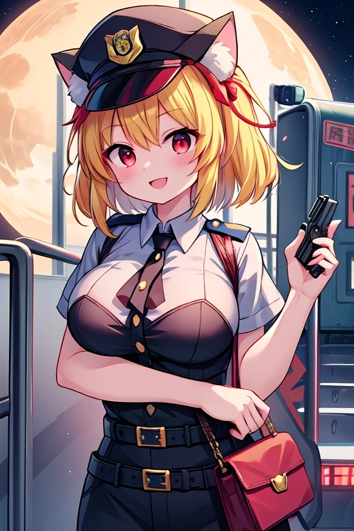 (((pixel perfect, detail perfect))), alone, 1 girl, Chisato Nishikigi,red eyes, looking at the viewer, smile, Upper body、 Police, cleavage,white belt, Midriffs, white shirt BREAK (red_front-tie top),High-waist red shorts BREAK black fingerless gloves, black boots,black police peaked cap,red tie