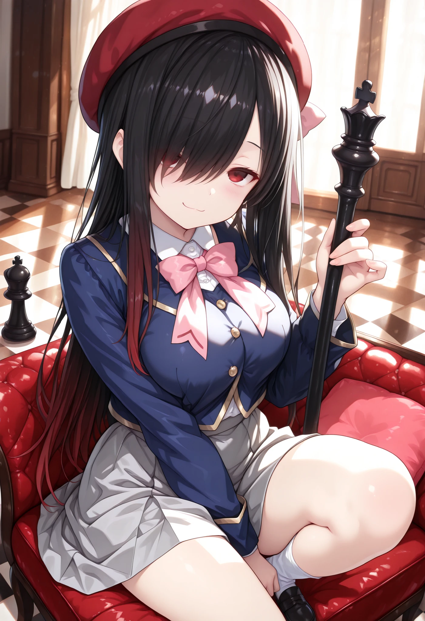 1girl, Kuroki Monika, red eyes, gradient hair, black hair, red hair, long hair, asymmetrical hairline, hair over right eye, large breasts, (petite but curvy), idol, blue jacket,  youtou high school uniform, hat ribbon, bowtie,  collared shirt, ribbon, pink ribbon, beret, grey skirt, 
cushion, chess board floor, scepter, holding scepter, massive chess piece, chess piece, queen (chess), 
one knee up, sitting, doyagao, smug, spotlight, 
dynamic action, pose,  
foreshortening,cinematic lighting , cinematic angle, soft light , color detail, backlighting, Depth of field, long exposure, light steps,  intricate colors, vibrant colors,project sekai; soft; pastel; colorful; detailed; details; masterpiece; high quality; best quality; ultra details; amazing; stunning; illustration,((4k,8k,Ultra HD)),((Masterpiece :1.2)),((Best quality :1.2)),((Detailed :1.5)),((Detailed background :1.5))