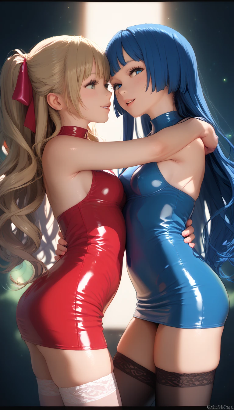 (8K ,Ultra-detailed,Best masterpiece,Nature,perfect work of art,perfect female body),two women,Sister and sister, sisters,rainbow hair,perfect face,(huge tits),neighbor wife,woman hairstyle,elegant wife,delicate and revealing ,17 years old,white skin,Europe,messy hair,perfect body,tone,Rich heterophony,,sexy,very big ,Narrow waist,big ass very detailed,Supergirl cosplay,tights,The background of the details,necklace,perfect eyes,,T-shaped small,huge big