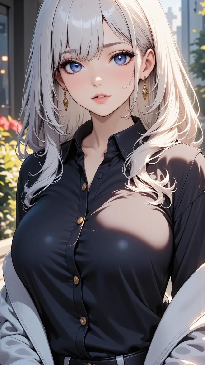 (best quality:1.5, highres, UHD, 4K, detailed lighting, shaders), white curly haired, gradient hair, large breasts, perfect eyes,perfect fingers, realistic ringers, suit, gray shirt, social shirt, short skirt, mature woman , (pov), white background, colorful eyeshadow, dramatic lighting, sparkling eyes, sensual expression, golden earrings, delicate facial features, dark skin, high cheekbones, raining, urban setting, white background, dont look for the camera, lean forward, wet  by the rain.