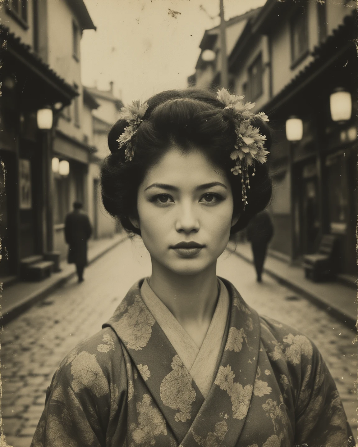 Japan, 1939. A young ((((35-year-old)) Hatsumono)), beautiful, cunning, voluptuous figure, full lips, sultry demeanor, in the street, looking over her shoulder, (((furious expression, frowning))), ((((japanese clothings from the 1930s)))), ((long unkempt hairstyle of the 1930s)), (((color)))