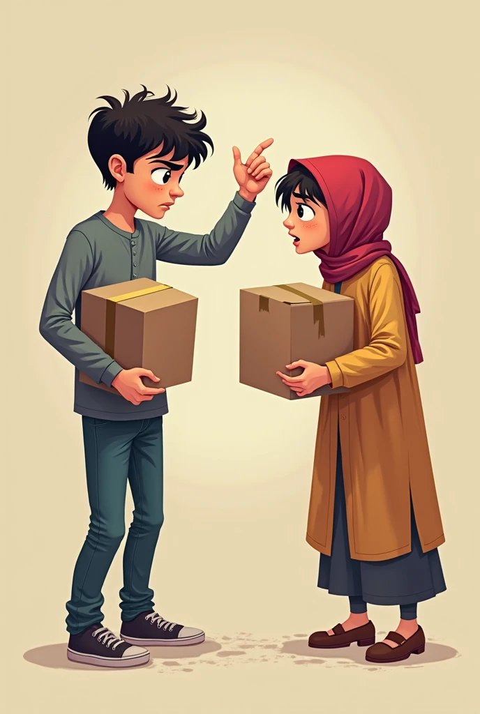 Cartoon with text:
Boy pulling a girls skirt in class, girl in hijab, enhanced details, hyperdetailed, flat 2d style, Cartoon artstyle, toon face