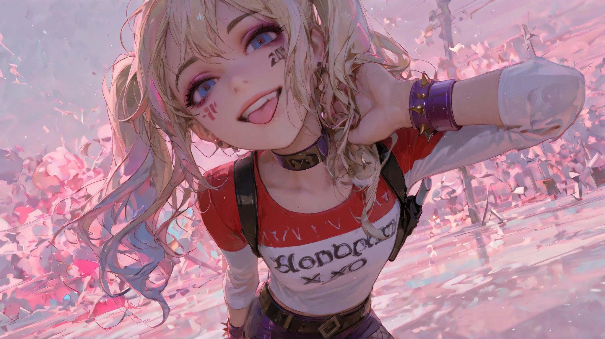 score_9, score_8_up, score_7_up, score_6_up, score_5_up, score_4_up, 4k, 8k, girl, solo, masterpiece, best quality, BREAK, dynamic angle, 1girl, blue eyes, solo, harleyqlmx, makeup, twintails, multicolored hair, facial tattoo, leg tattoos, spiked bracelet, purple bracelet, long sleeved shirt, shoulder holster, choker, short shorts, belt, fishnets, tongue out, evil smile, pastel colors background, face focus, head shot,