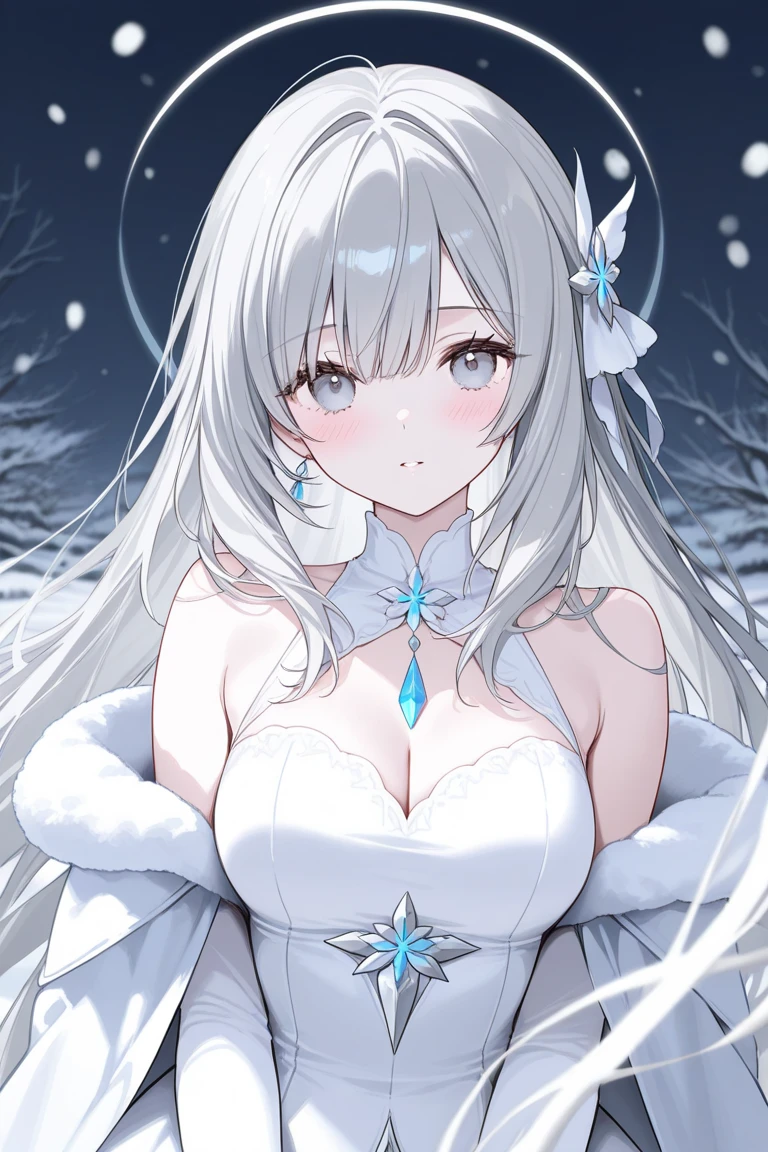 (masterpiece,best quality,ultra-detailed),1girl, large breast, glowing eyes,long hair,(((frost pretty girl))),beautiful and detailed face, detailed eyes,night,snow particles in the air,((frost theme)),((((frost theme)))),