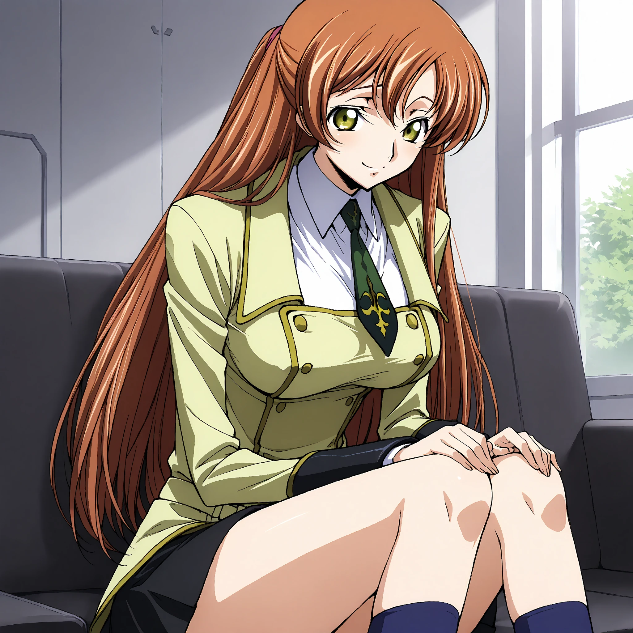 score_9, score_8_up, score_7_up、(masterpiece, best quality),{{detailed}}, (Their beautiful faces and eyes that are particular about every detail are smug ,:1.0),Highly detailed background
BREAK 1GIRL, Shirley Fenette (Code Geass), half updo,orange long hair,big breasts、erect nipples with hands、 uniform, blazer, yellow hornet, collared shirt, white shirt, long sleeve, green tie, black skirt, knee-high, Blue socks, cross your legs