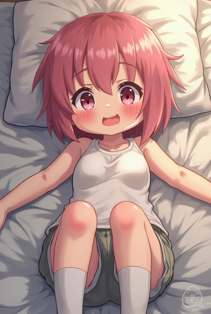 missionary, sex, vaginale, 1 girl, ung boy, penis, lying, white undershirt, no back ground, medium hair,( two tone hair ), no censure, Hearts spoken, ssmile, cloused mouth, blush,