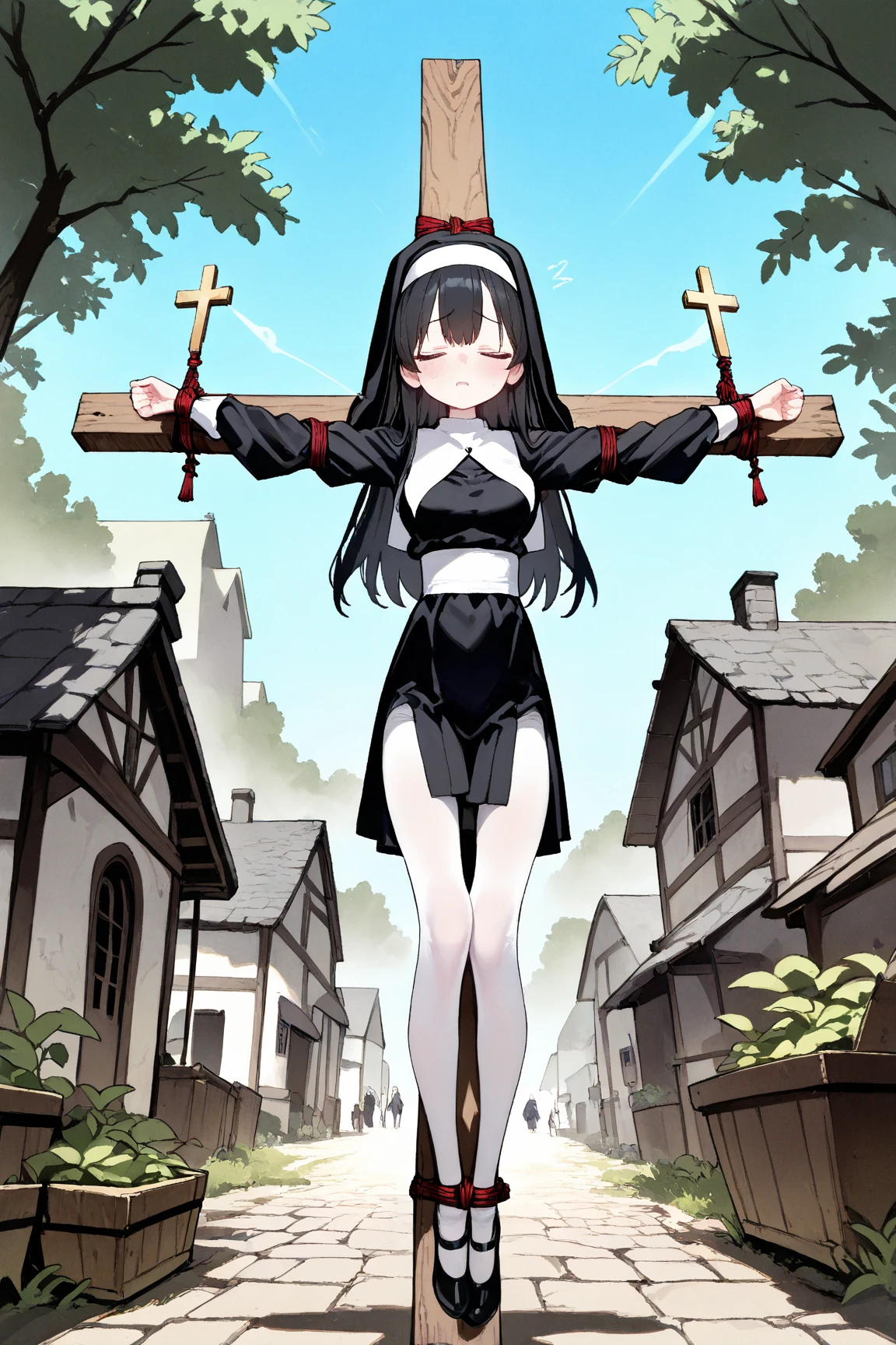 one girl, handcuffed her hands above head, slave,, white hair, princess, naive, endure, crucifixion, nsfw, young, nsfw, torn dress, restrained, cute, white dress, elf, slender