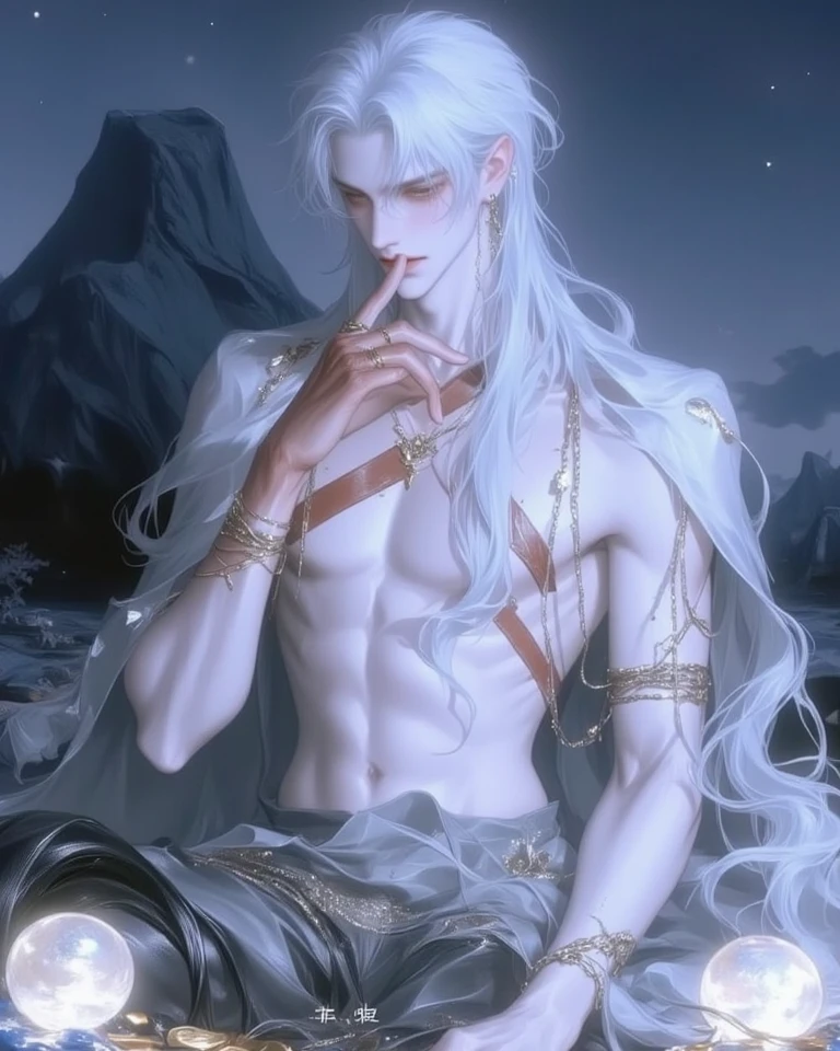 there is a male anime character with white hair and a white cape, white haired deity, beautiful male god of death, with long white hair, white haired, moon behind him, inspired by Sigurd Swane, with white long hair, silvery skinned male, god of moon, skinny male fantasy alchemist, white-haired, inspired by Bian Shoumin