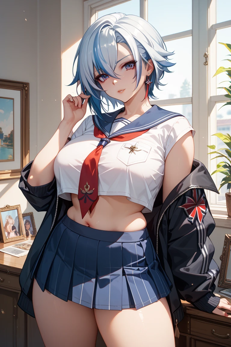 Girl in a sailor suit, tops short and underboobs showing, skirt short, erotic, sexy