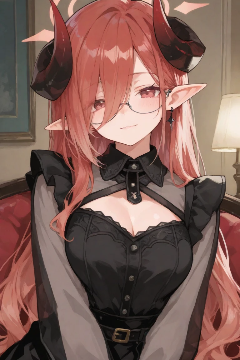 best quality, artwork, high resolution, Alone, {Circe_fgo:1.15}, pointy_ears, small girl, small breasts, pink_hair, head_wings, wings, bangs, haywire_wings, long_hair, jewelry, smile, breasts, necklace, blush, Small_breasts, Multicolored_eyes, 1 girl, Cups , hairband, restraint, looking_at_viewer, twintails, framed in black_eyewear, labcono, shirt, eyewear_Removed, green_eyes, restraint_eyewear, long_sleeves, one_eye_closed, Open_mouth, pink_eyes, simple_Background, window