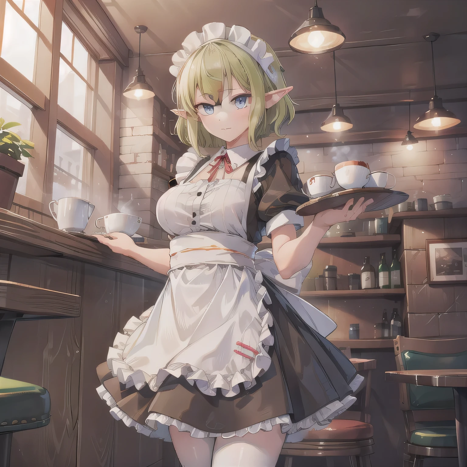 A girl is working as a waitress in a cozy cafe. She's wearing a classic maid outfit. The air feels warm and calm, and it's like you can almost smell the coffee through the picture. Short, green hair, pointy ears, blue eyes.