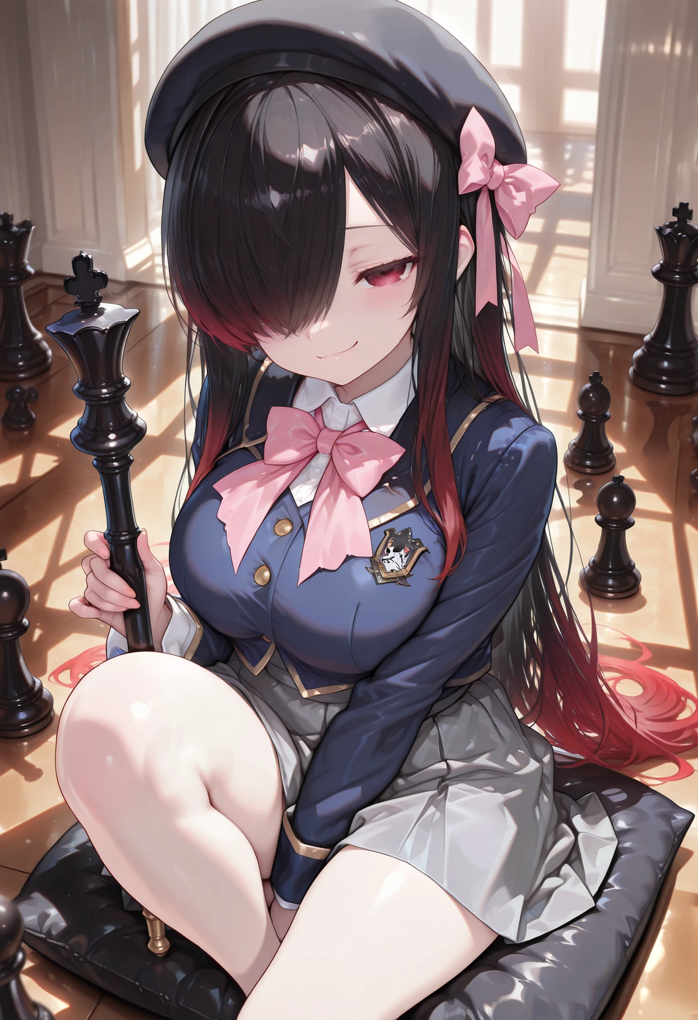 1girl, Kuroki Monika, red eyes, gradient hair, black hair, red hair, long hair, asymmetrical hairline, hair over right eye, large breasts, (petite but curvy), idol, blue jacket, youtou high school uniform, hat ribbon, bowtie, collared shirt, ribbon, pink ribbon, beret, grey skirt,
cushion, chess board floor, scepter, holding scepter, massive chess piece, chess piece, queen (chess),
one knee up, sitting, doyagao, smug, spotlight,
dynamic action, pose,
foreshortening,cinematic lighting , cinematic angle, soft light , color detail, backlighting, Depth of field, long exposure, light steps, intricate colors, vibrant colors,project sekai; soft; pastel; colorful; detailed; details; masterpiece; high quality; best quality; ultra details; amazing; stunning; illustration,((4k,8k,Ultra HD)),((Masterpiece :1.2)),((Best quality :1.2)),((Detailed :1.5)),((Detailed background :1.5))