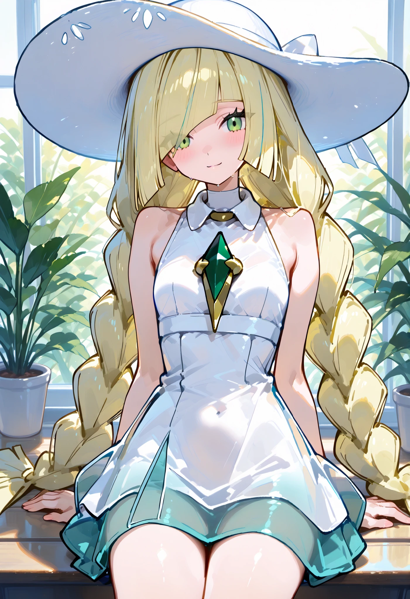 Lusamine 。Pokemon, green eyes, blonde hair, very long hair, bangs, hair over one eye。超貧乳。twin braids, sun hat, white headwear, collared dress, white 制服, sleeveless。幼い頃。Lillie風。748cmstyle。スカート。浜辺