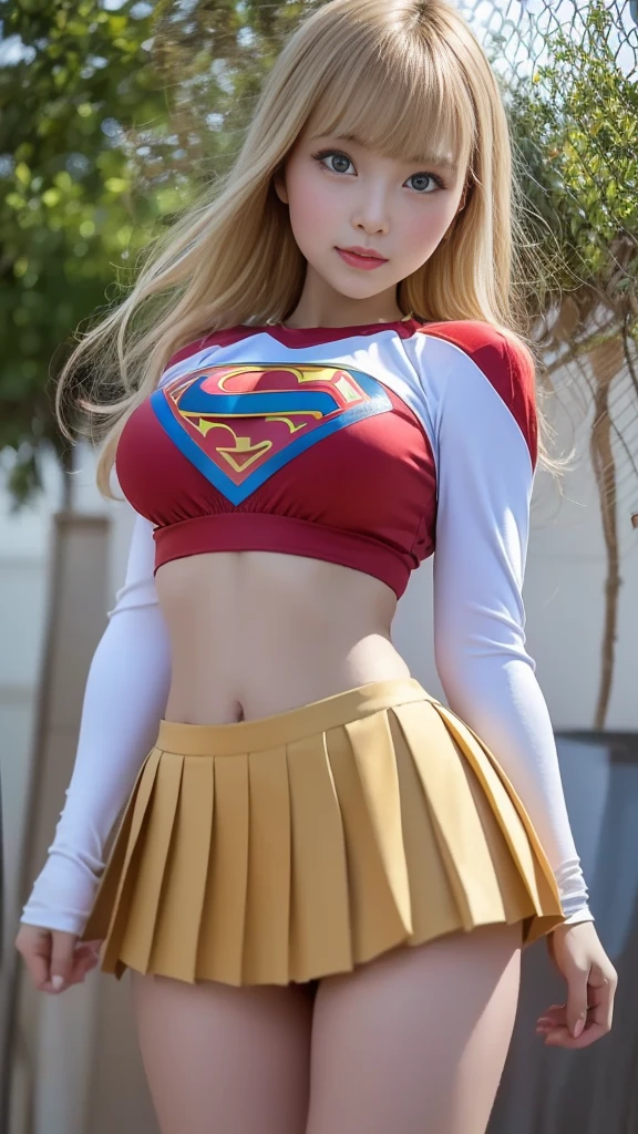 ((Best quality, masterpiece, absurdists)) supergirl: 1.5, 1girl, woman ((19 years old, huge breasts, long blonde hair)) , wearing cheerleader uniform ((cropped long navy blue short sleeve top and red pleated supergirl skirt, garters, white sock)), sexy body, cute girl, bathing suit, perfect body, warm with bright sun, cheerleader supergirl costume, american football stadium, full body