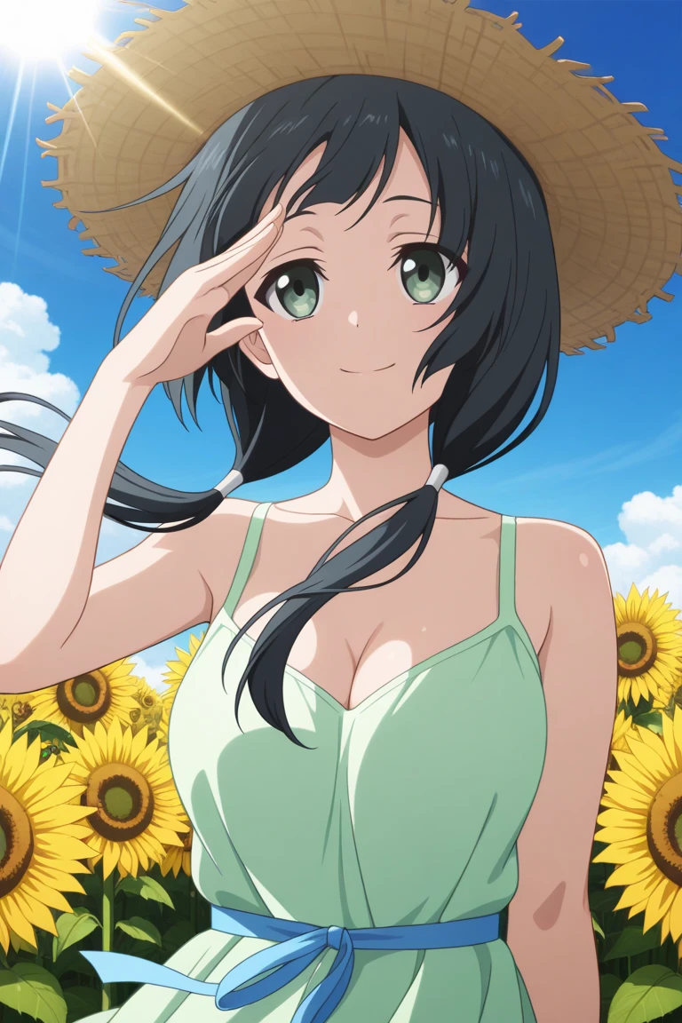 View from the summit,Small seedlings growing in rice paddies,Rice cultivation,Rice transplanter,masterpiece,Purple long hair,Large Breasts,Brown eyes,smile,Straw hat