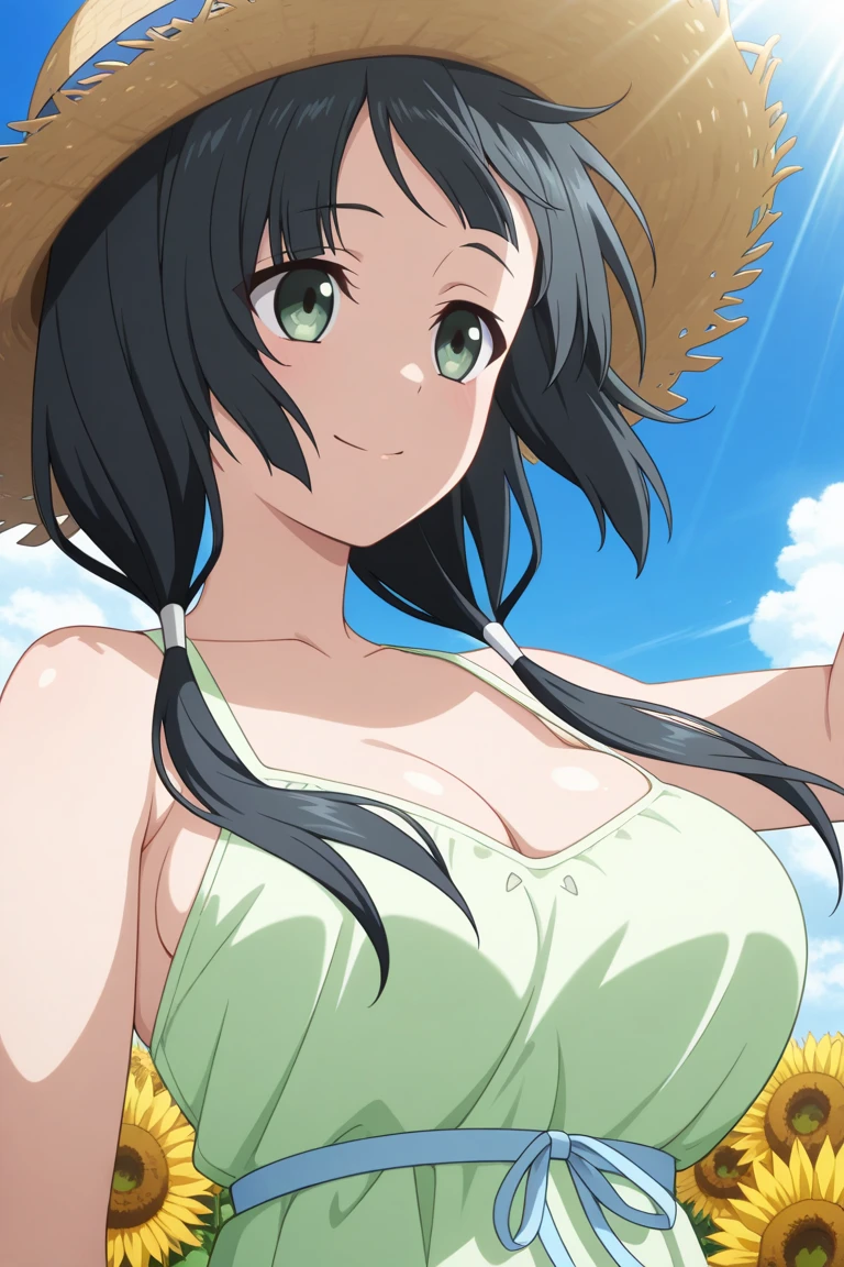 one-girl,cropped shoulders,Huge breasts,cleavage,Open navel,grassy fields,ssmile,Upper body photo,Black color hair,upon the clouds,white clothes,比基尼,swim wears,sandbeach