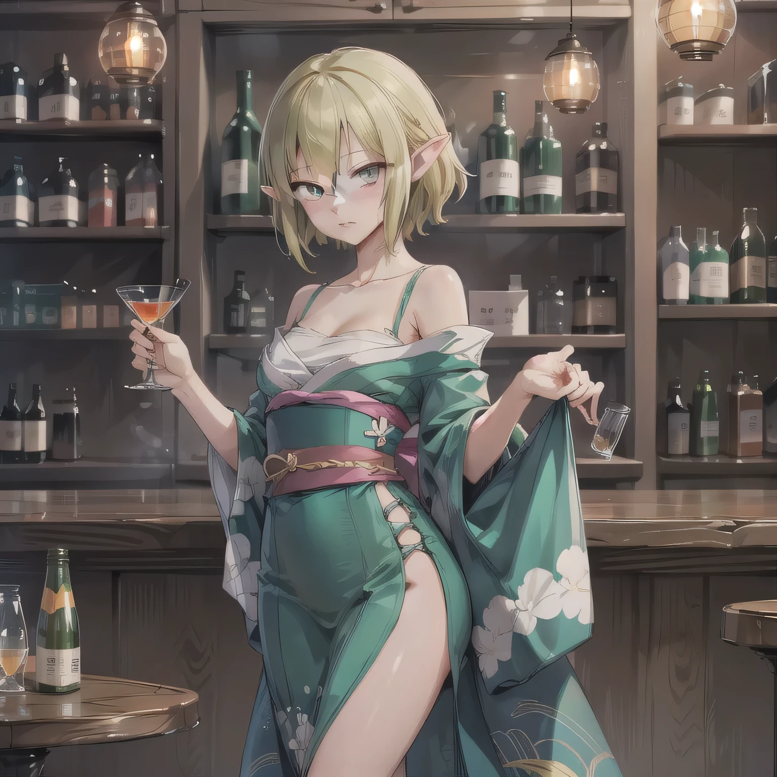 A 2D anime-style illustration. The scene is set inside a dimly lit, cozy Japanese "snack" bar. The lighting is soft and warm, with gentle shadows creating a relaxed, moody atmosphere. Bottles of liquor line the shelves behind the bar, and small round tables are scattered throughout the room. A young woman is standing near a table, wearing a stylish, slightly sexy dress commonly seen in such bars — like a fitted cocktail dress with soft fabrics and subtle glitter. She looks elegant and approachable. The focus is on the warm mood and ambient light. No text in the image. Short, green hair, pointy ears, blue eyes.