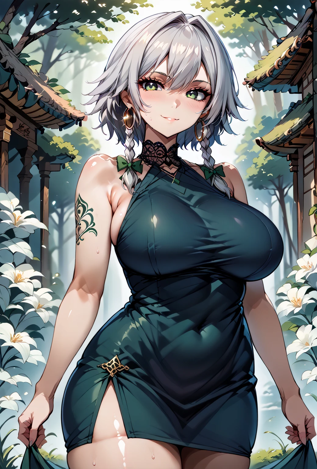A girl with short white hair with green eyes and who is smiling with tattoos and wearing sexy cowboy clothes