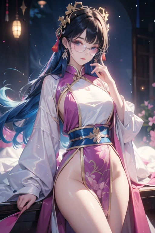 1 Girl, heroine, good looking, Splattered ink, Chinese Armor, (Upper Body), Black Hair, Floating Hair, Delicate eyes, (masterpiece), (Portrait Shot), Front shot, White Background, (Movie Posters), arms Glasses (Not safe for work)