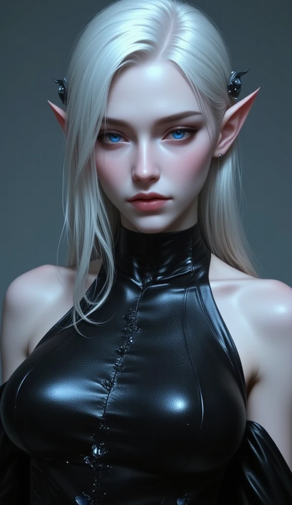 ((Best Quality)), ((masterpiece)), (hyper detailed), 1 dark elf, boluptosa, ((thin chains)), large bust 1.4, long legs, portaliga, Tight fitting leather or latex clothing, sexy, full body from head to toe, white hair with ponytail, sky blue eyes intense sky, almost naked
